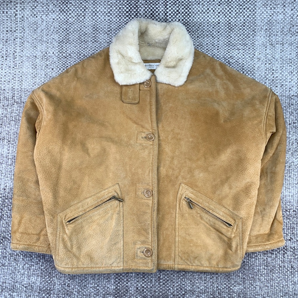 Jones New York Sport Tan Genuine Leather Faux Fur Lined Jacket Medium 32375